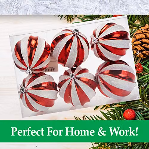 VFM e-Store Red and White Striped Round Christmas Baubles, 6 Pack, Diameter: 8 cm – 3