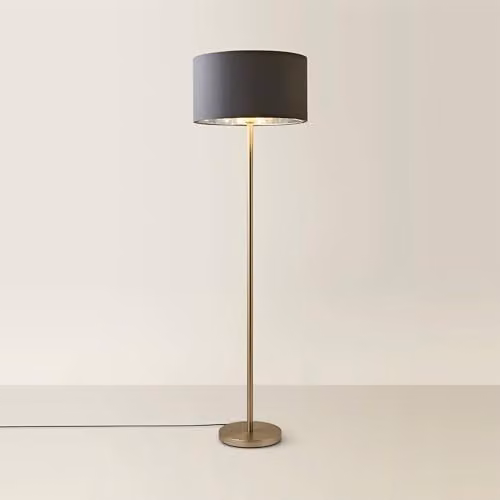 ValueLights Charlie Modern Floor Lamp with Grey Fabric Cylinder Shade and Chrome Metal Stem