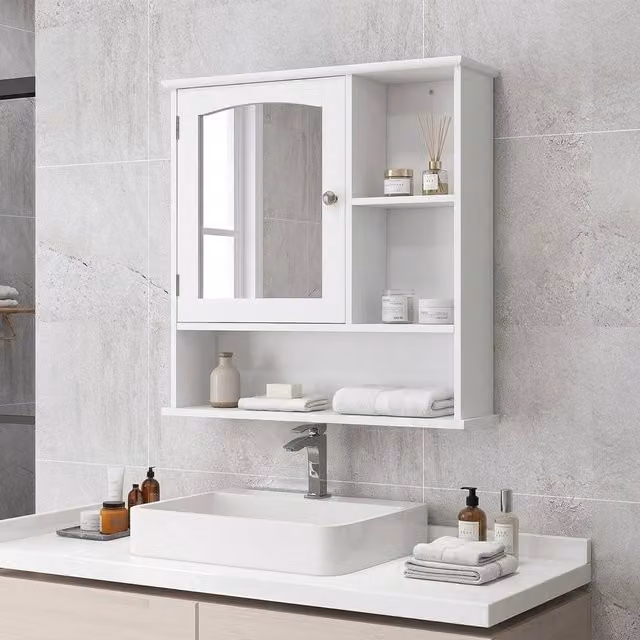 STILVORA Wall Mounted Bathroom Cabinet with Mirror Door and Open Shelves in White
