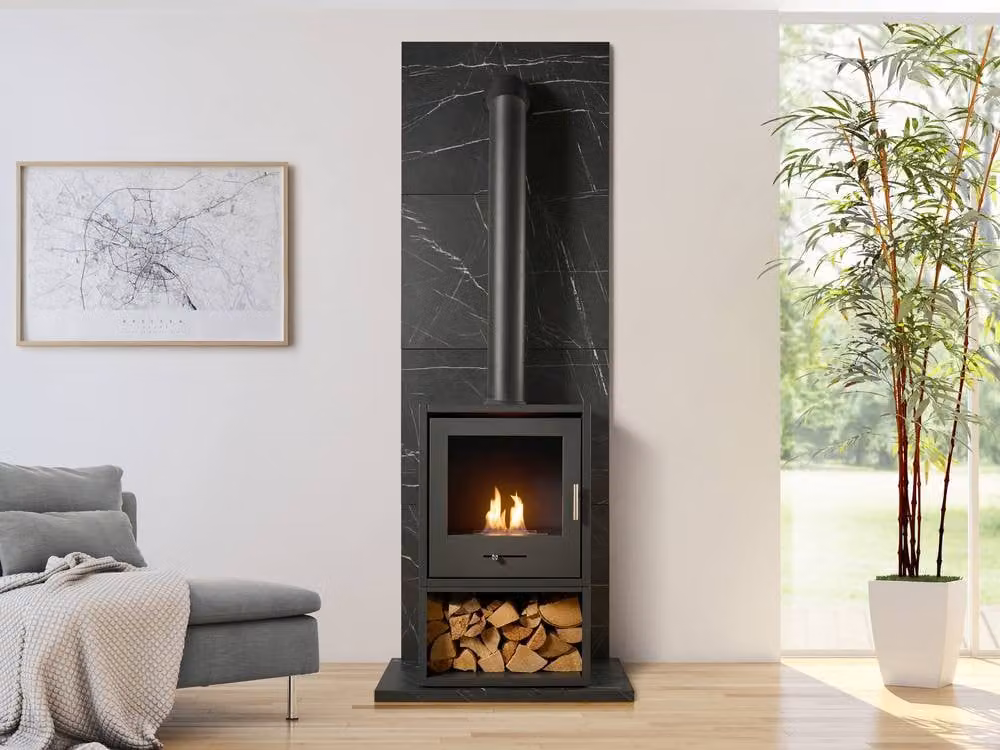 OKO Bio Ethanol Fire Set with Black Marble Effect Tile Hearth, S3 Stove Store and Extra Tall Stainless Steel Pipe in Black and Grey – 2