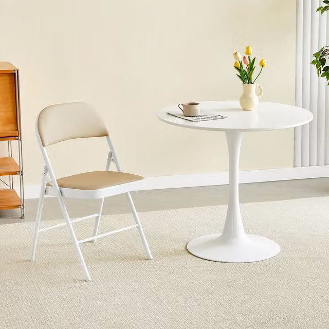MCC Direct Single Folding Dining Chair with Metal Frame and Beige Synthetic Leather Padded Seat