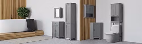 Teamson Home Mercer Modern Wall Mounted Bathroom Cabinet with Mirrored Hinged Glass Doors and Internal Shelves, Grey – 4