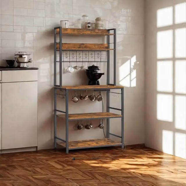 Pirlo Plush Industrial 5 Tier Smart Kitchen Bakers Rack with Power Outlets in Brown and Black – 1