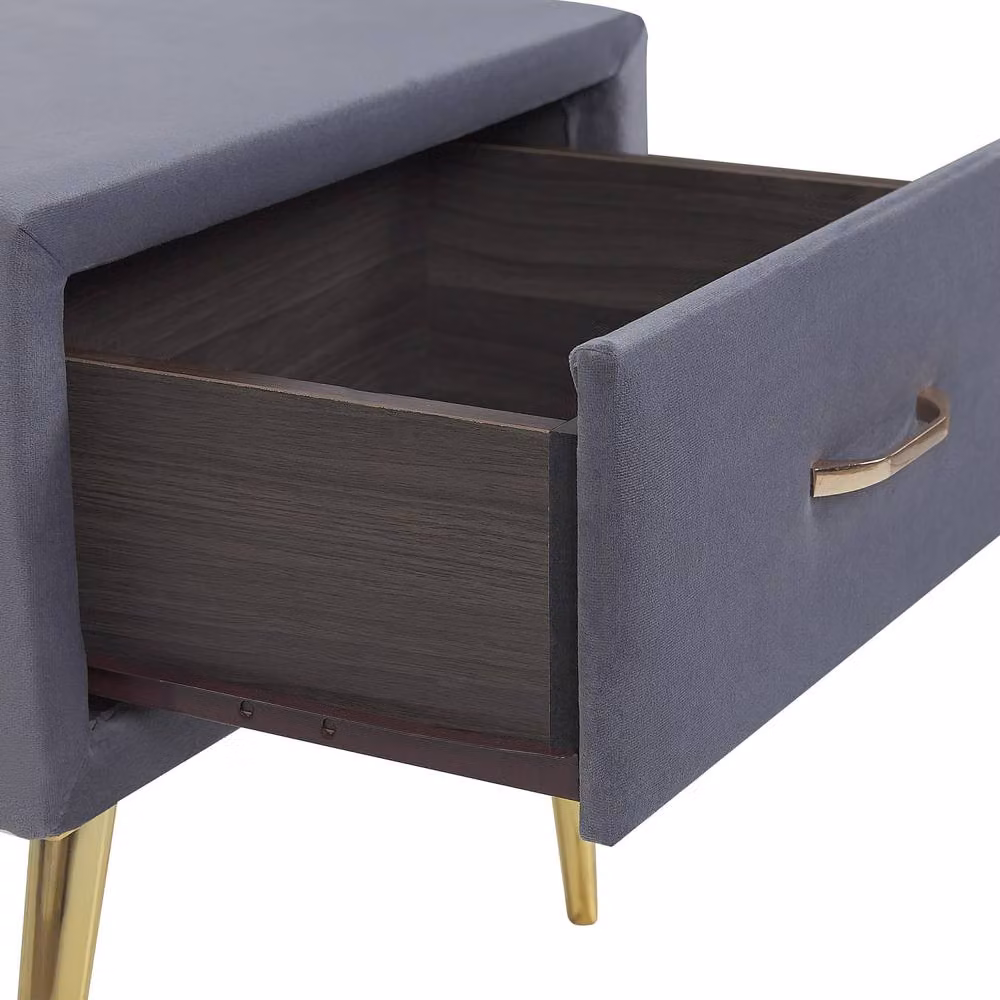 Wyld and Coco Grey Velvet Bedside Table with 1 Drawer and Gold-Toned Metal Legs – 4