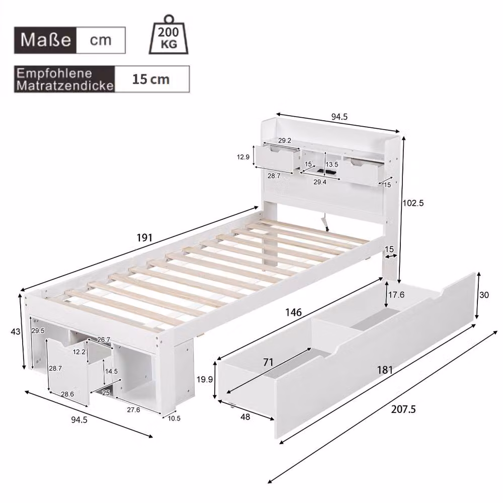 Rolipo White Single Daybed with USB Port, Drawers and Storage Cabinet, W/D/H: 90 x 190 cm – 4