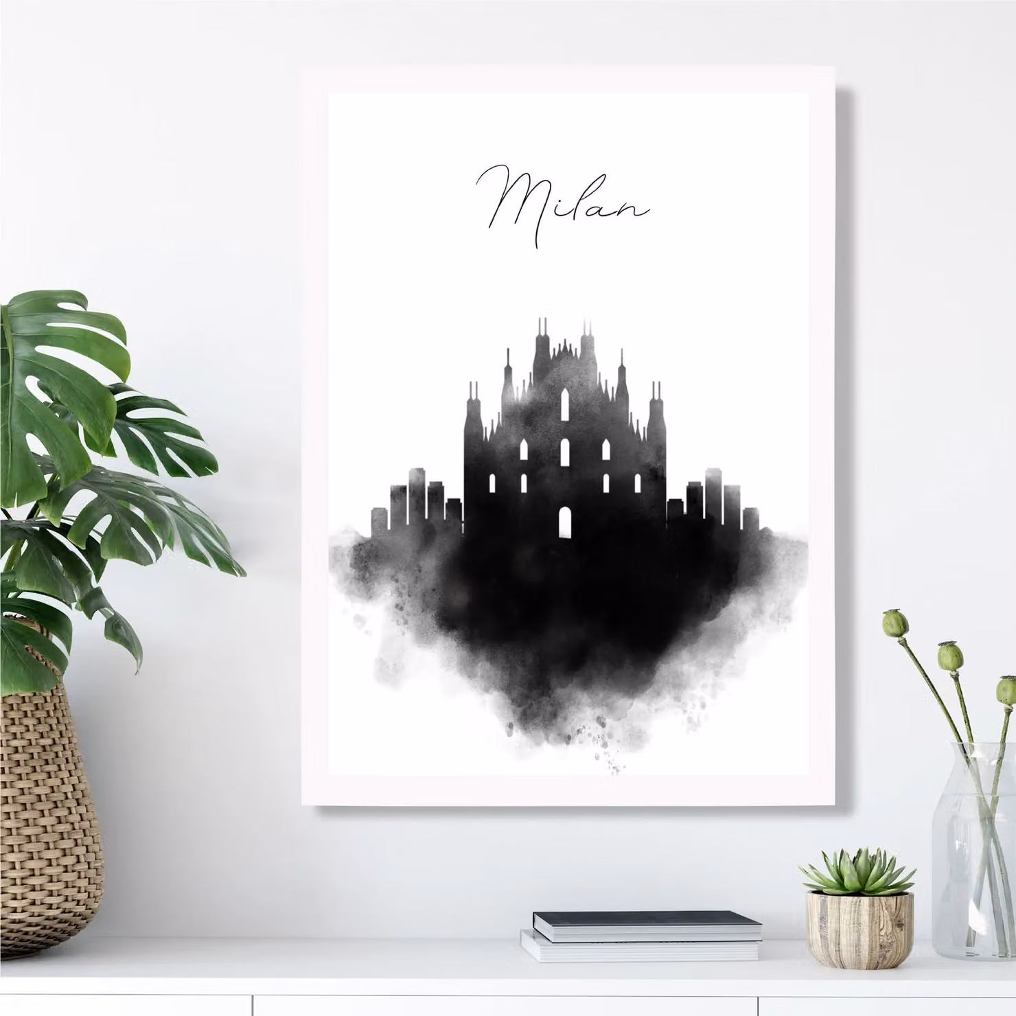 ARTZE Milan Watercolour Skyline City Framed Print, Black and White, A2 – 2