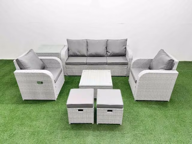 Fimous PE Rattan Garden Furniture Set in Light Grey with 3-Seater Sofa, Reclining Armchairs, Coffee Table, Side Table and 2 Stools