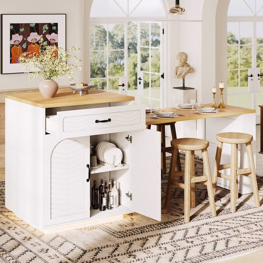 BTM Extendable Kitchen Island with Dining Table and Storage Cabinet in White, W/D/H: 101.5 x 80 x 70 cm – 4