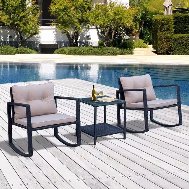 Outsunny 3 Piece Modern Rattan Rocking Set in Black, Brown and Grey