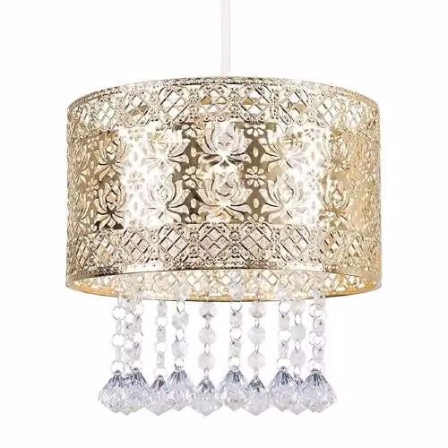 MiniSun Modern Gold Cylinder Ceiling Light Shade with Jewel Droplets, Shade Width: 25 cm – 1