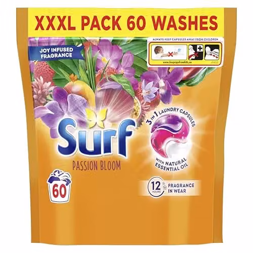 Surf 3 in 1 Passion Bloom Laundry Detergent Capsules with Natural Essential Oil, 60 Washes