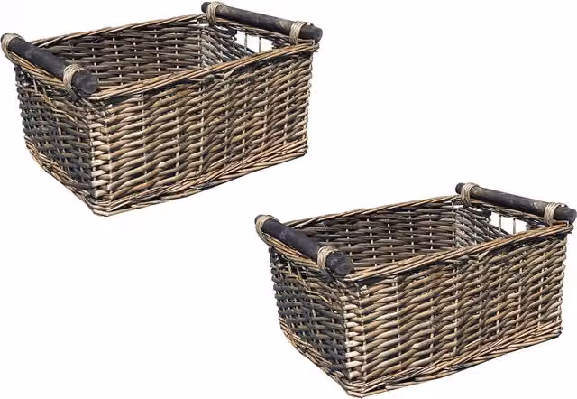 Topfurnishing Set of 2 Brown Open Weave Rattan Wicker Storage Baskets with Handles, Diameter: 25 cm