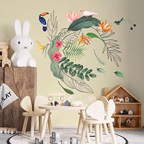 WALPLUS Tropical Leaves and Flowers Wall Stickers, 26 Piece Multicolour Removable Floral Decals for Nursery and Kids Bedroom Decor