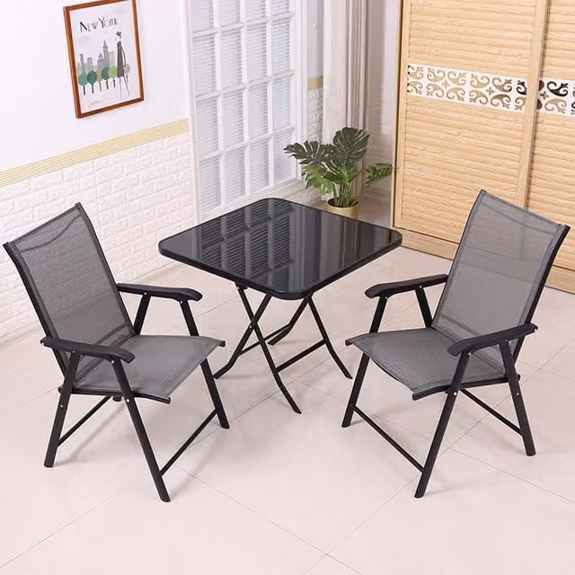 Livingandhome Modern 2-Seater Garden and Balcony Set with Square Glass Table and 2 Foldable Chairs in Black and Transparent