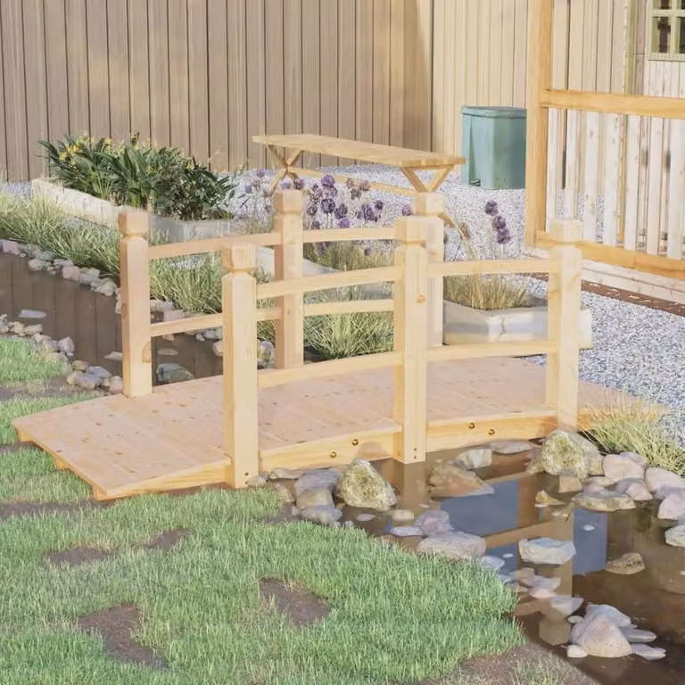 Berkfield Home Durable Garden Bridge with Railings in Light Tan Spruce Wood, W/D/H: 150 x 67 x 56 cm
