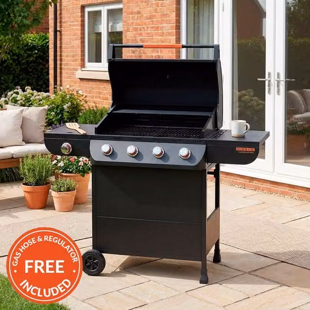 Texas Nimbus 4 Burner Gas BBQ with Side Burner and Warming Rack in Black
