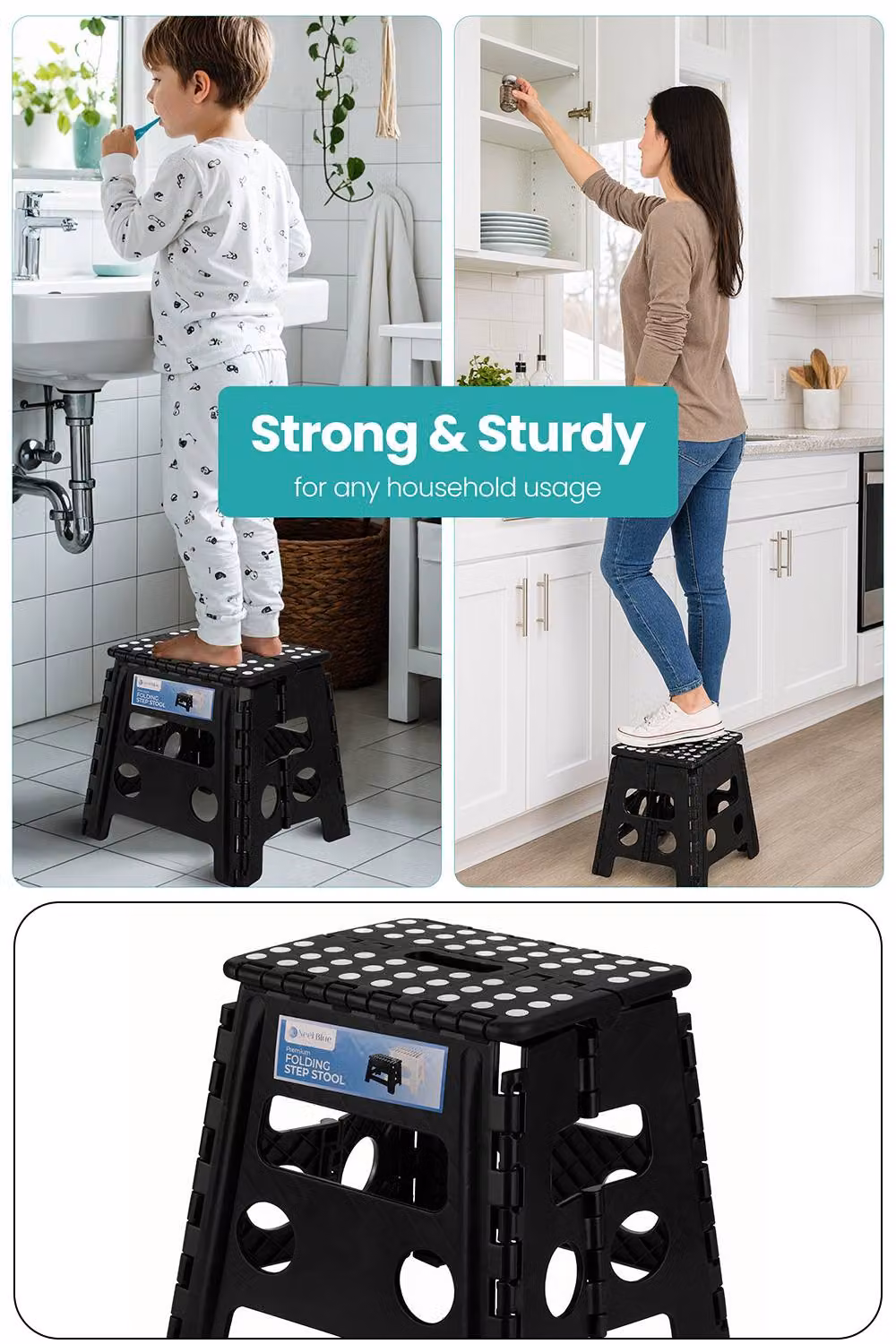 Neel Blue Heavy-Duty Folding Plastic Step Stool with Carry Handle, Black – 4