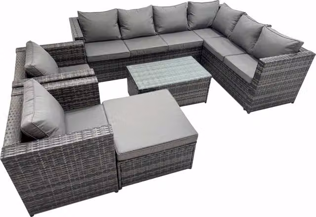 Fimous Rattan L-Shape Garden Furniture Set in Grey with 2 Armchairs, Ottoman and Coffee Table