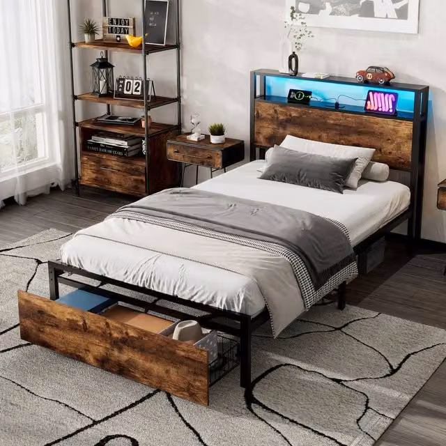 BTM Metal Bed with LED Under-Bed Lighting, USB Charging Ports and Storage Drawers in Walnut and Black, W/D/H: 140 x 200 cm – 1
