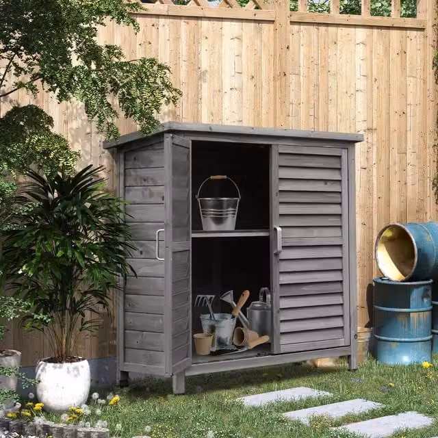 Outsunny Grey Wood Tall Garden Storage Cabinet with Internal Shelving and Roll Shutter, W/D/H: 79.0 x 87.0 x 96.5 cm