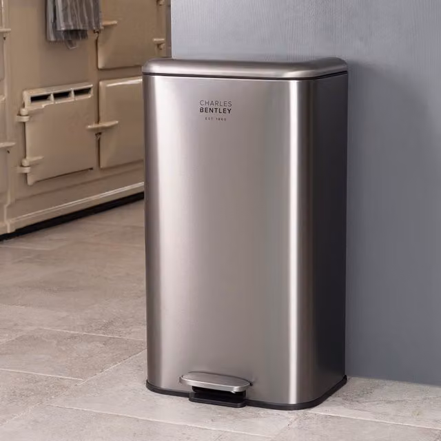 Charles Bentley 30L Slimline Rectangular Kitchen Pedal Bin in Silver Stainless Steel
