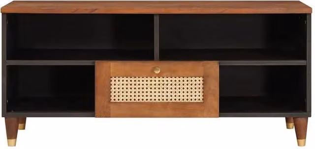 Berkfield Brown Mango Wood and Rattan Home Media Storage Cabinet with Hinged Doors and Open Shelves W/D/H: 100 x 46 x 33.5 cm