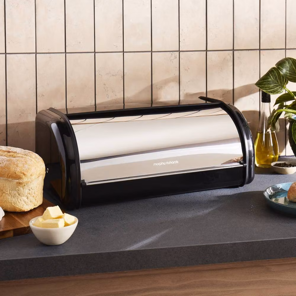Morphy Richards Equip Black Stainless Steel Bread Bin and 3 Canister Set Kitchen Bundle – 3