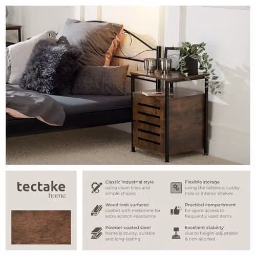 tectake Industrial Bedside Table with Cupboard and Open Shelf, Brown, W/D/H: 40.5 x 40.5 x 60.5 cm – 3