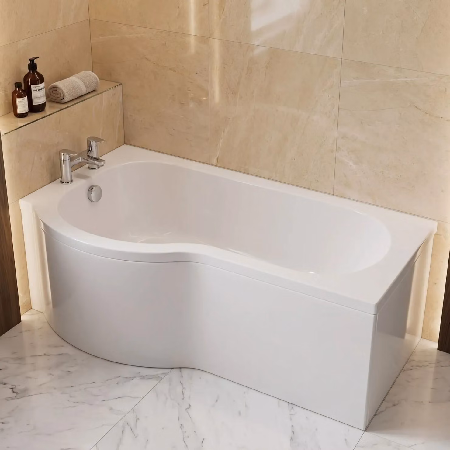 Balterley Modern Asymmetric P Shape Left Hand Shower Bath Tub with Leg Set, White, W/D/H: 1600 x 700 x 40 cm – 2
