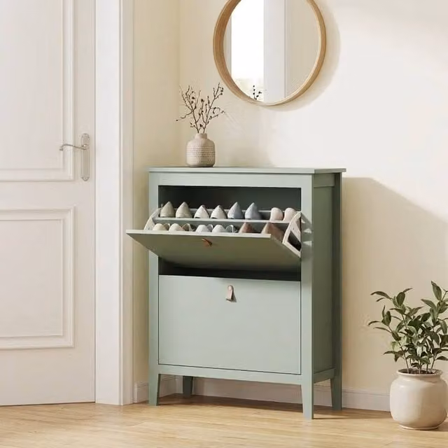 STILVORA Modern Green Wall-Mounted Shoe Cabinet with 2 Tilting Compartments and Internal Shelves