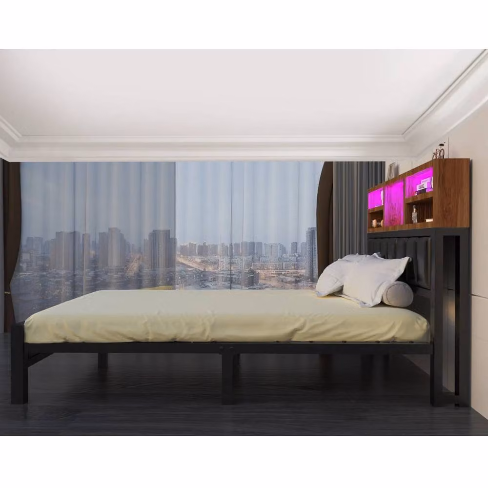 FLAVORA Industrial Metal Platform Double Bed Frame with Under-Bed Lighting and Side Compartments in Black – 4