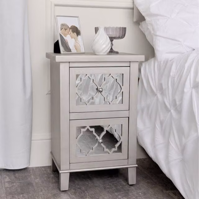 Melody Maison Sabrina Mirrored Lattice Bedside Table in Silver