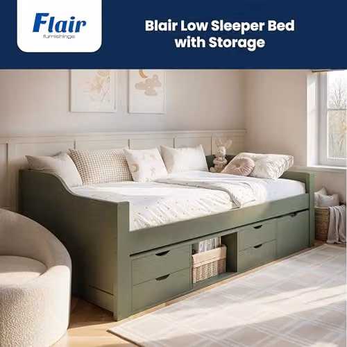 Flair Furnishings Blair Kids Single Low Sleeper Bed with Storage Drawers, Green – 3