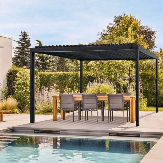 Backyard Discovery Sarasota Louvered Steel Outdoor Patio Pergola with Powerport, Black, W: 493.73 cm, D: 252.73 cm