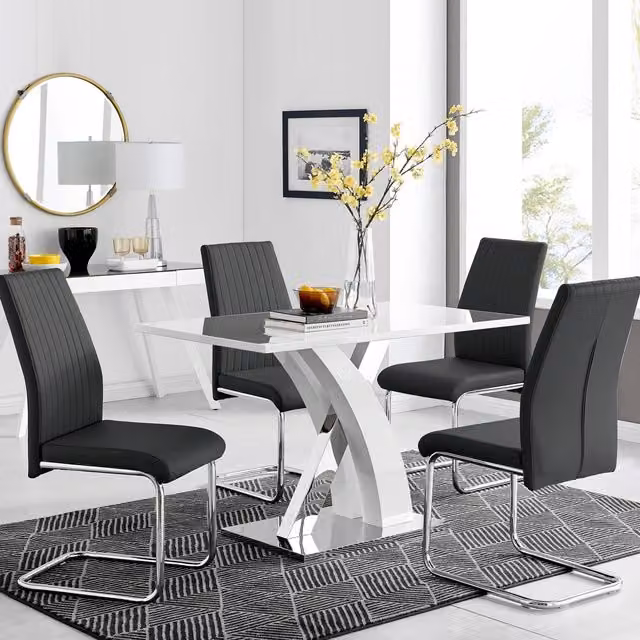 FurnitureboxUK Atlanta White High Gloss Rectangular Dining Table with X-Frame Legs and 4 Black Lorenzo Dining Chairs Set – 2