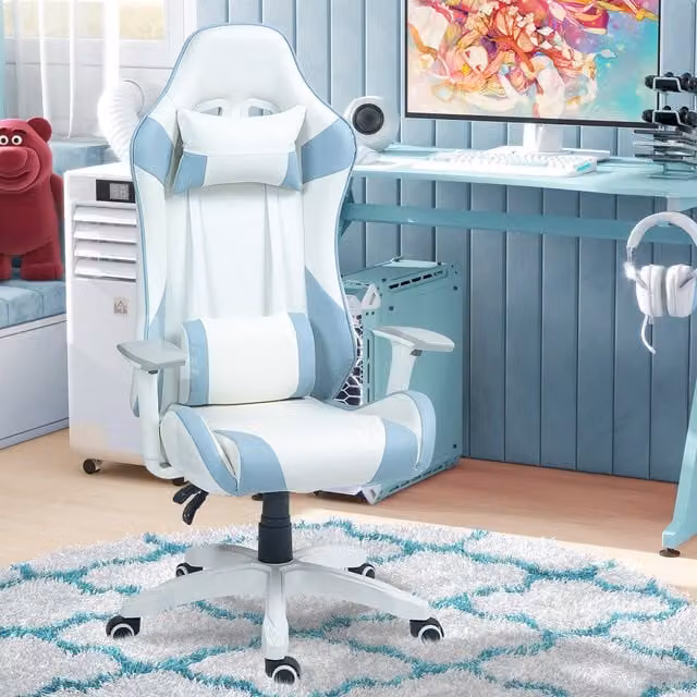 HOMCOM Blue PU Leather Gaming Chair with Headrest and Armrests
