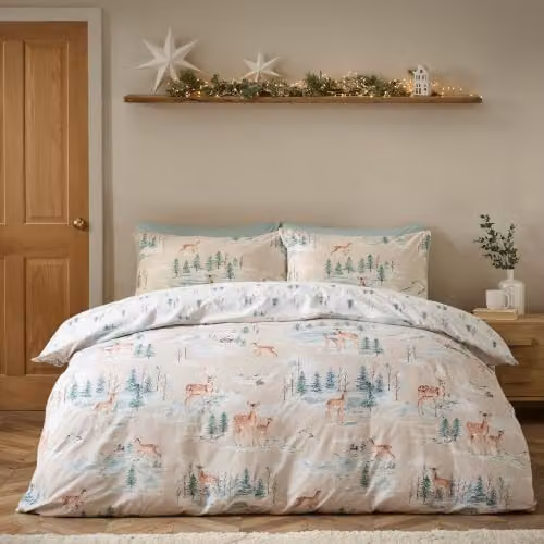 Catherine Lansfield Reversible Christmas Deer Cotton Flannelette Single Duvet Cover Set in Natural
