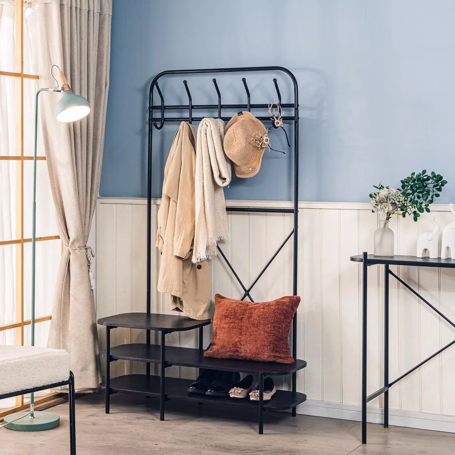 Nordlys Industrial Hall Tree with Bench and Coat Rack in Matt Black – 2