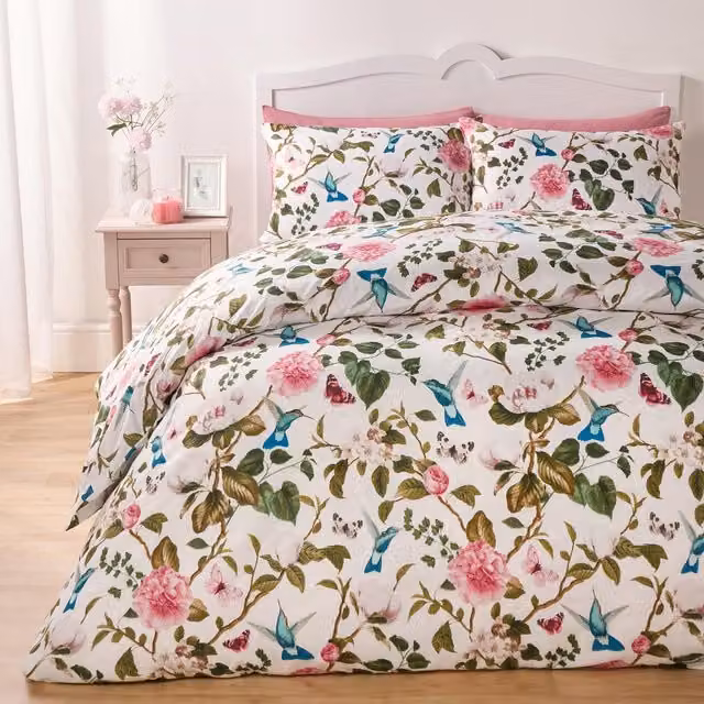 OHS Reversible Floral Spring Duvet Cover Set and Pillowcases in White and Multicolour, W/D/H: 200 x 200 cm