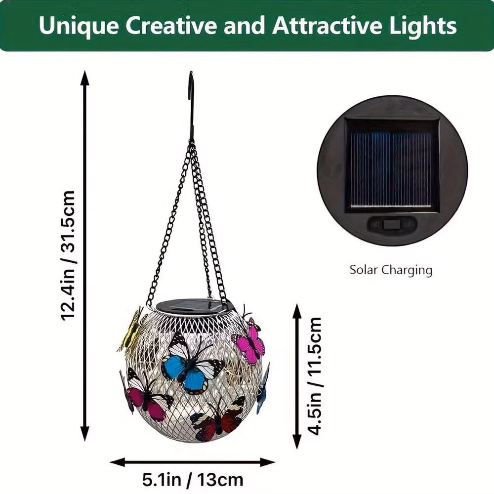 FORGEVIO 2-Piece Silver Metal Hanging Butterfly Solar LED Garden Lights with Warm White Glow – 4