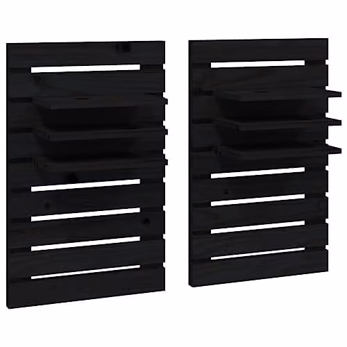 vidaXL Set of 2 Black Solid Pine Wood Wall-Mounted Bedside Shelves – 1
