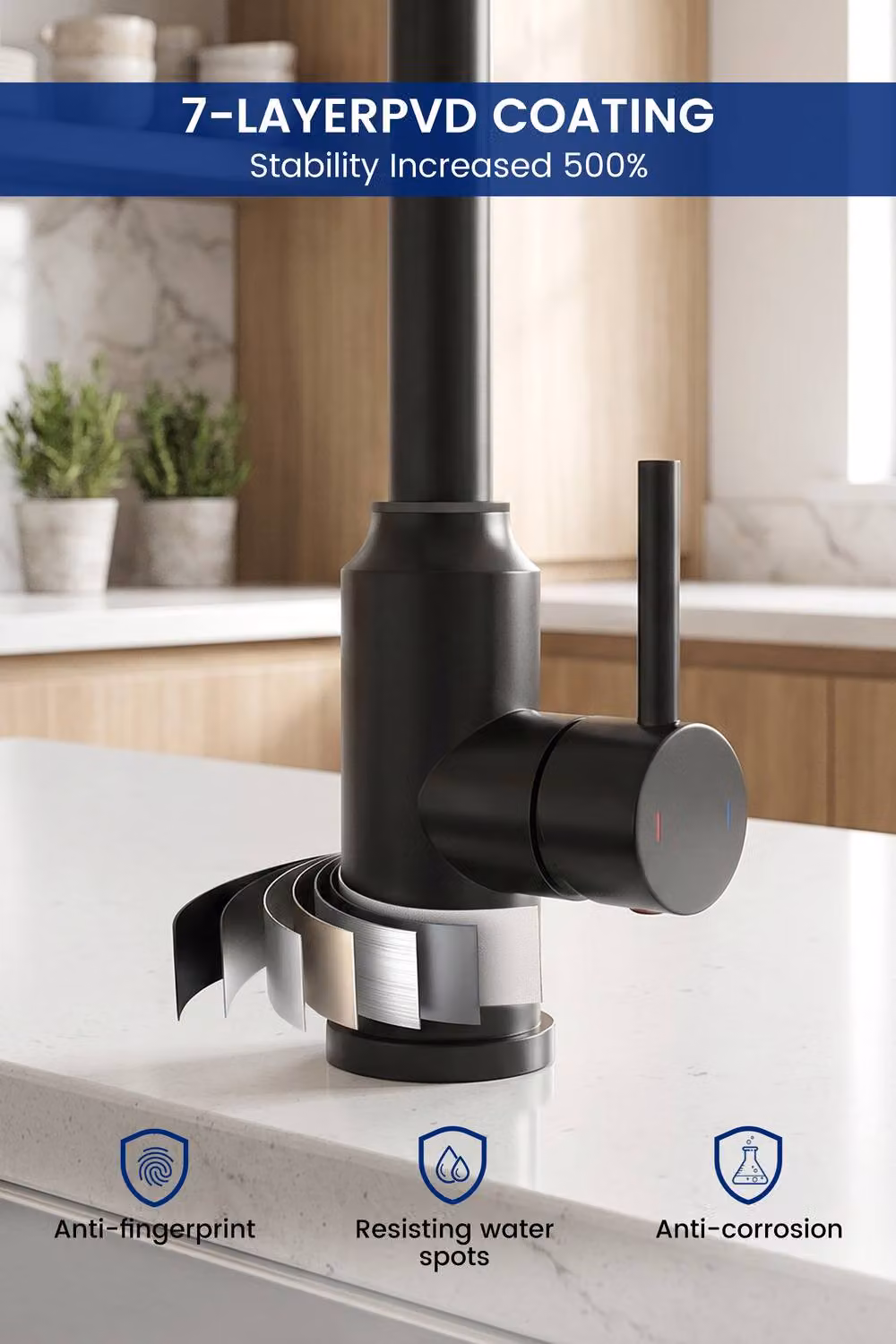 JANLEMNY Matte Black Kitchen Mixer Tap with 360 Degree Swivel Spout and Spray Function – 4