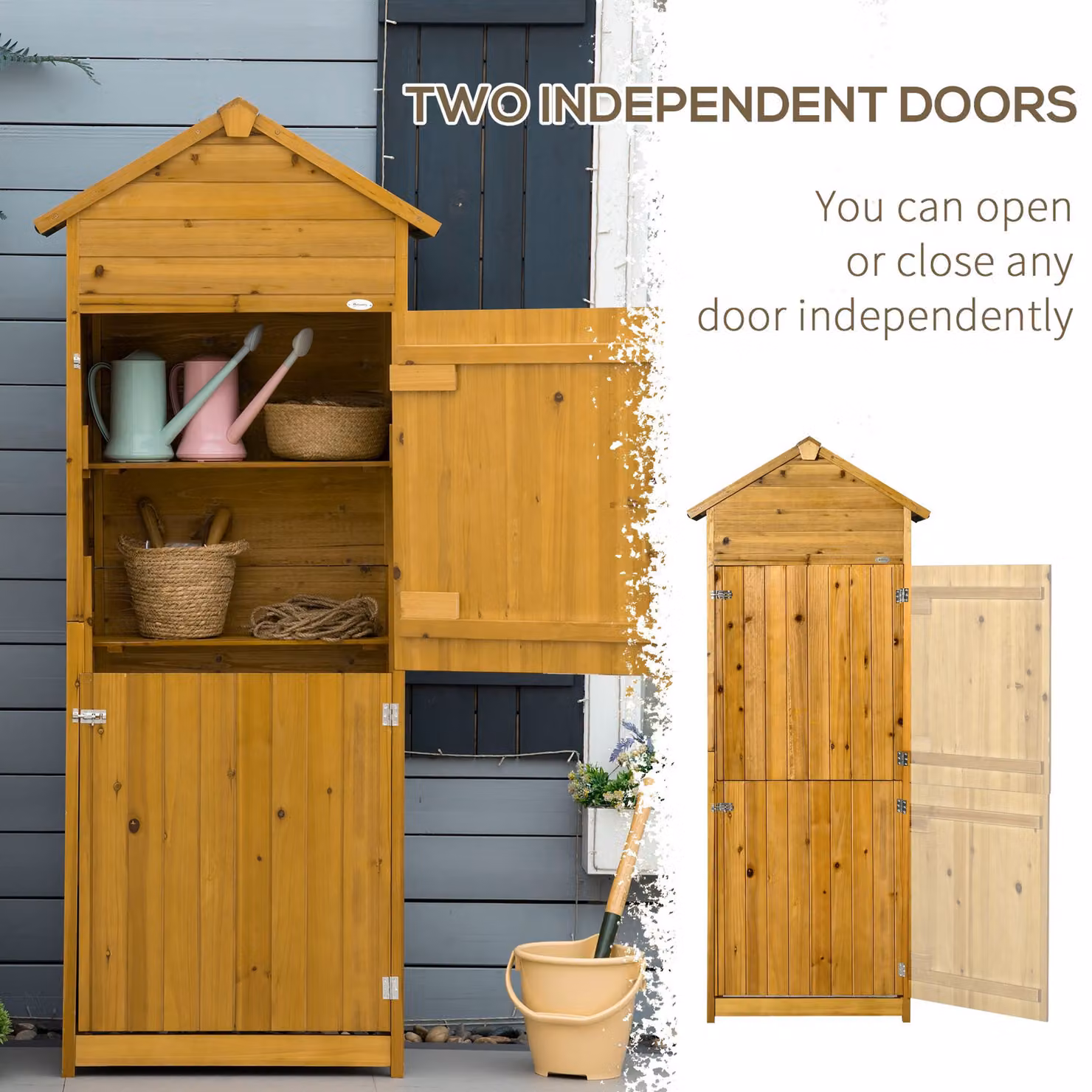 Outsunny Wooden Garden Storage Shed Utility Cabinet with 3 Shelves and Double Doors, Brown, H x W x D: 191.5 x 79 x 49 cm – 4