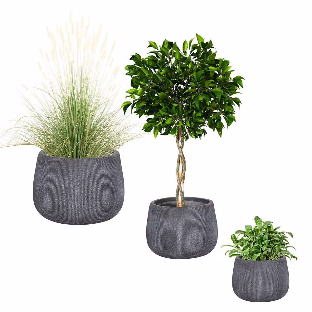 Dibor Set of 3 Grey Symmetry Stripe Fibre Clay Indoor Outdoor Garden Planters – 2