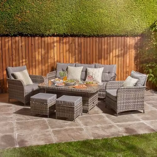 Home Treats 7 Seater Rattan Dining Set with Rising Table and Grey Cushions
