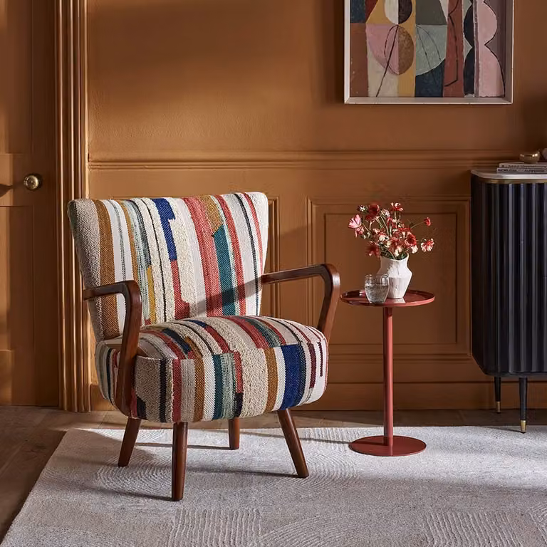 Atkin & Thyme Mid-Century Calvin Armchair in Multicolour Striped Woven Fabric with Wood Details