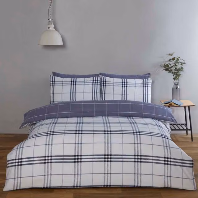 Rapport Home Harris Check Microfibre Reversible Duvet Cover Set in Blue and Grey, Single (W: 180 cm, H: 200 cm)