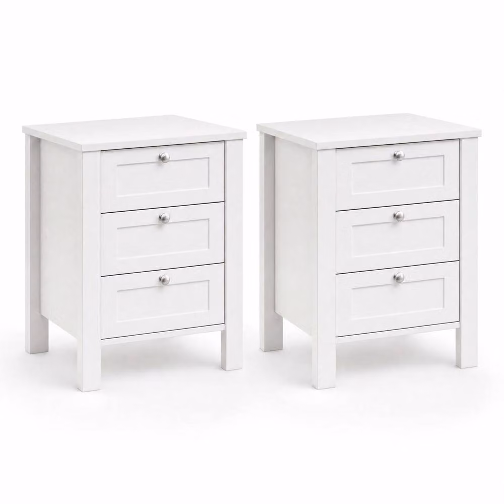 FWStyle Set of 2 White 3 Drawer Bedside Table Chests, H 60 cm x W 40 cm x D 40 cm – 2