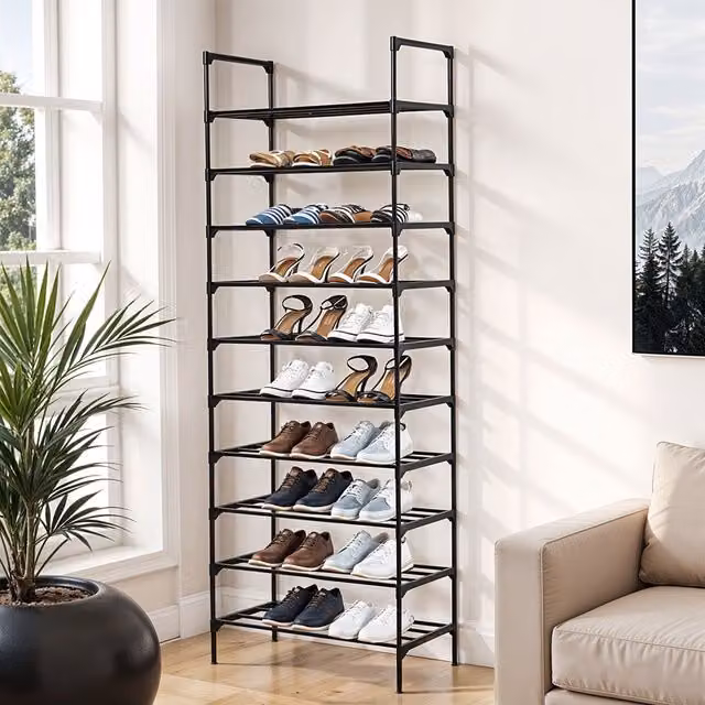 Komore 10-Tier Black Metal Freestanding Shoe Rack