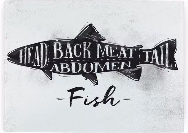 Purely Home Fish Diagram Rectangular Textured Glass Worktop Protector and Chopping Board in Black and White